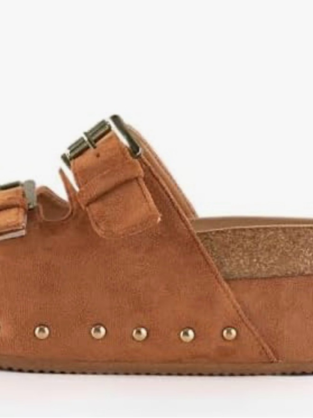 Tan Suede Double-Buckle cork Slide platform Sandal - Picture 3 of 9
